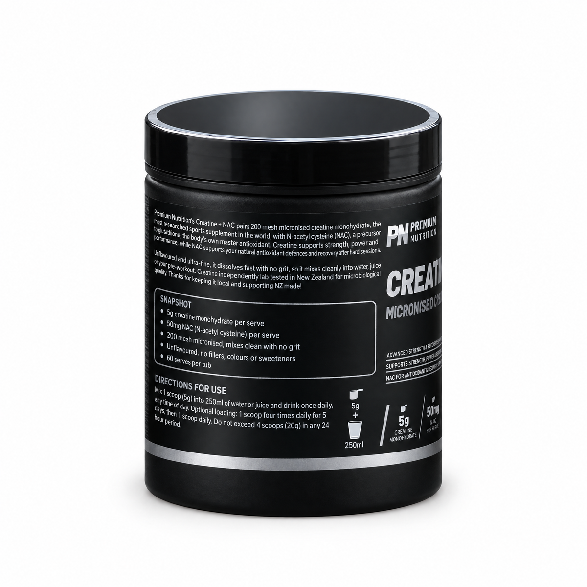 Premium Nutrition Creatine + NAC 300g tub, side panel with directions