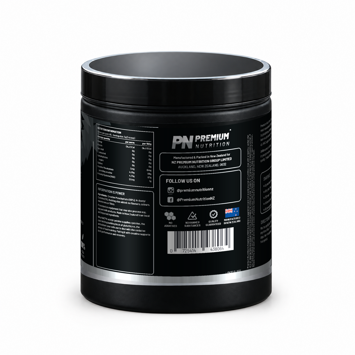 Premium Nutrition Creatine + NAC nutrition information panel