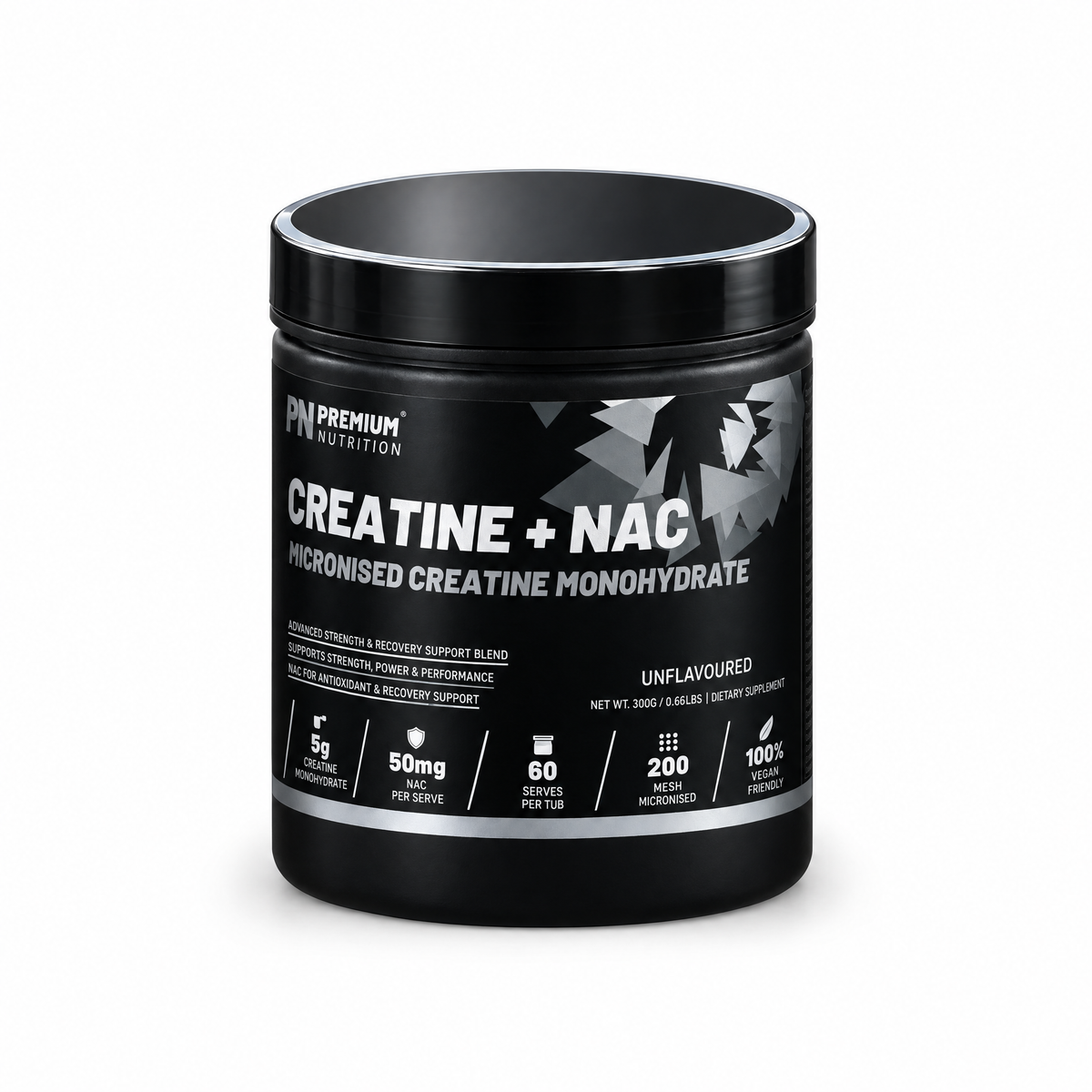 Premium Nutrition Creatine + NAC 300g tub, front