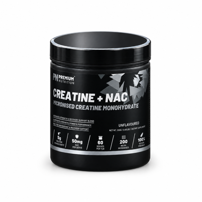 Premium Nutrition Creatine + NAC 300g tub, front
