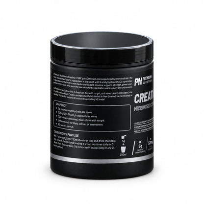 Premium Nutrition Creatine + NAC 300g tub, side panel with directions