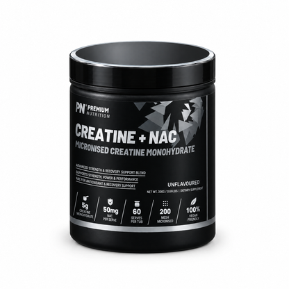 Premium Nutrition Creatine + NAC 300g tub, angled