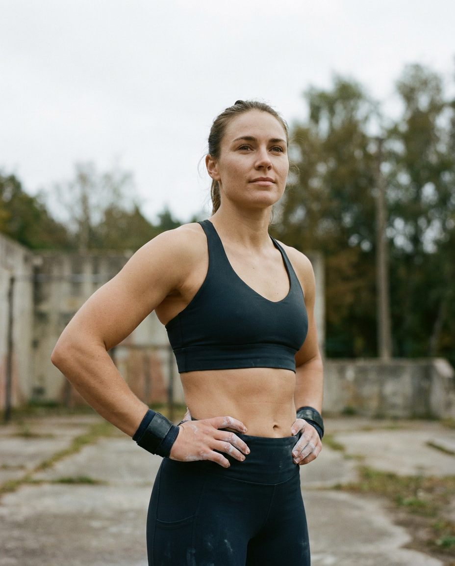 A woman standing with her hands on her hips in an open concrete yard, chalk on her hands, looking past the camera.