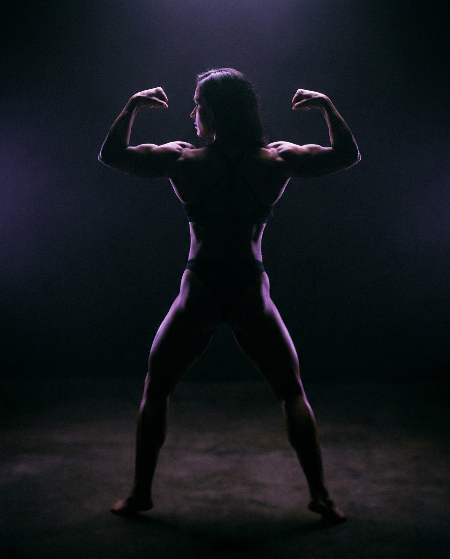 A woman in a back double-biceps pose, rim-lit in violet against a black background.