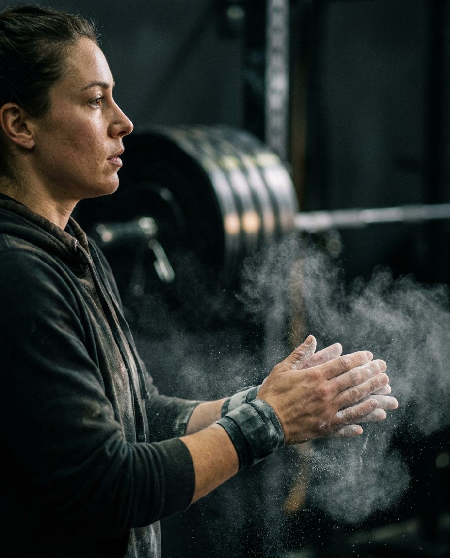 A woman in profile clapping chalk from her hands in a dark gym, a loaded barbell out of focus behind her.