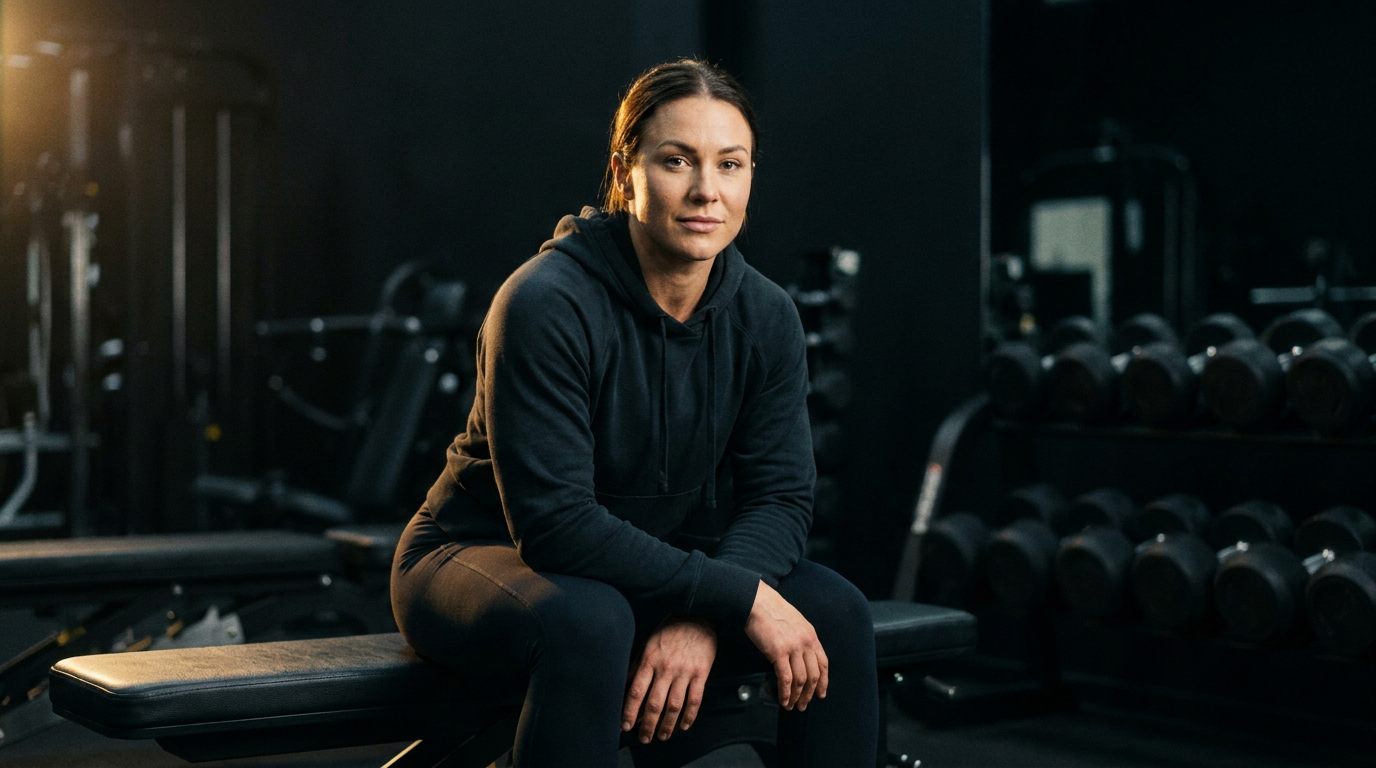 A woman in a dark hooded top sitting on a gym bench, forearms resting on her knees, looking into the lens in a dimly lit weights room.