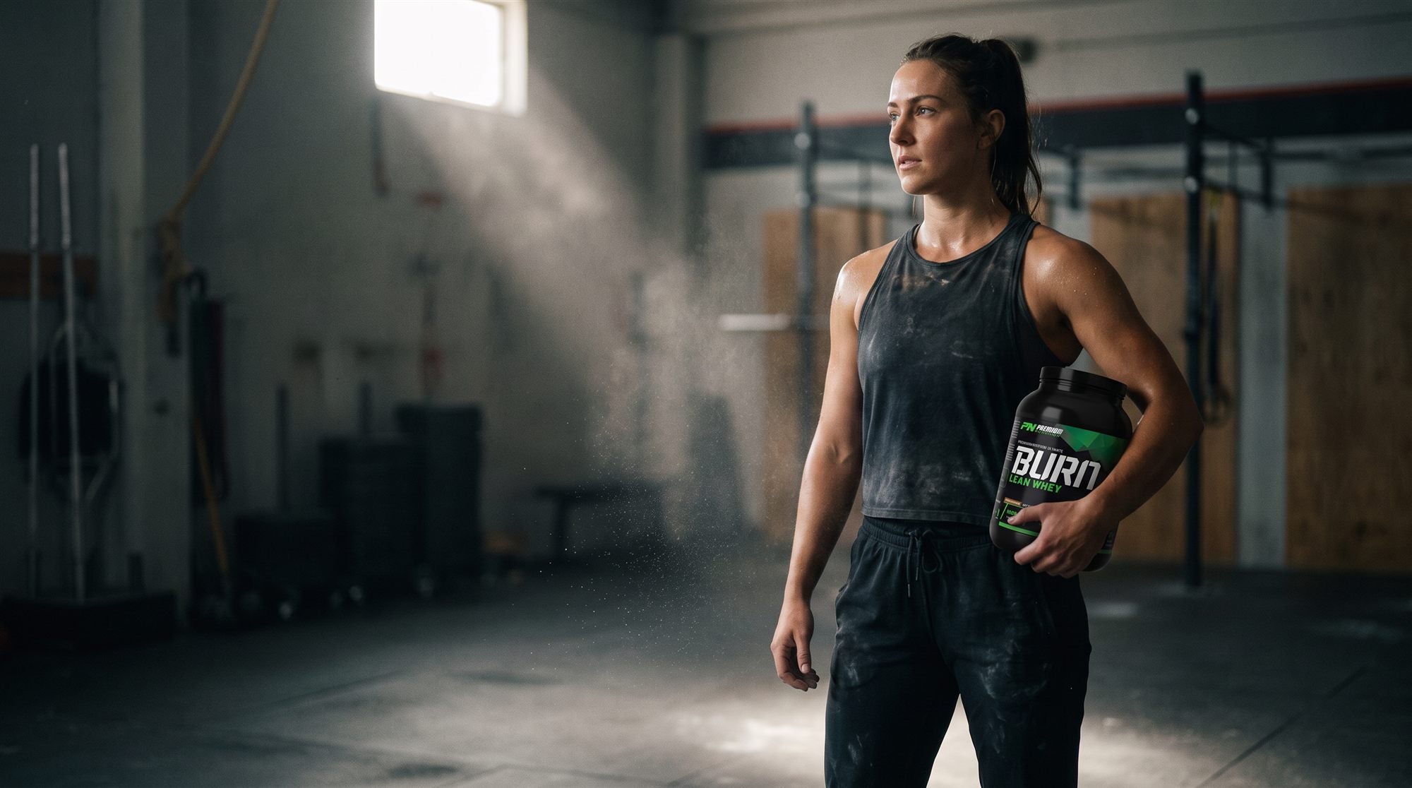 A woman standing in a dark warehouse gym, chalk dust drifting through a shaft of window light, a matte black supplement tub held at her side.